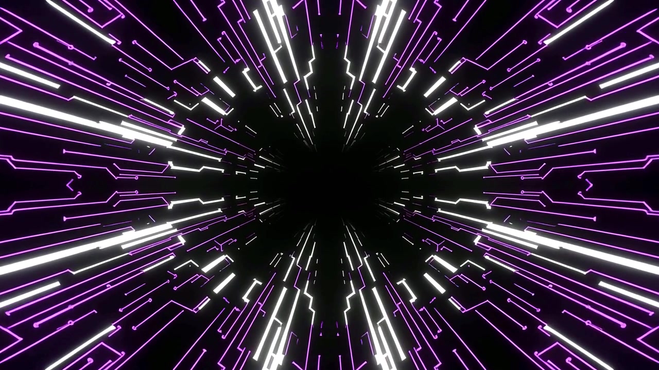 Abstract Digital Tunnel with Glowing Purple and White Lines