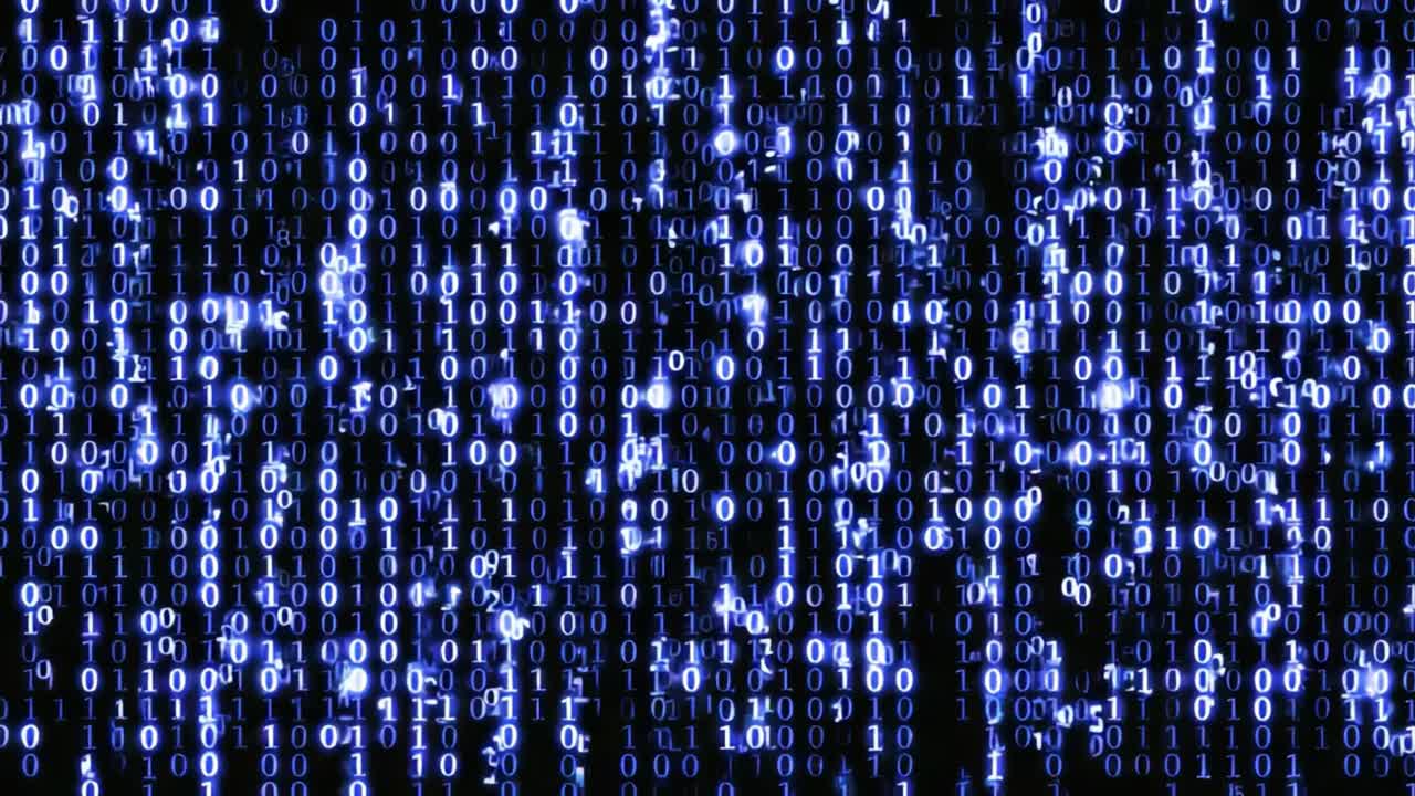 A Visual Representation of Digital Data Flow with Binary Code Patterns Transitioning from a Flickering Glitch to a Steady Stream of Information in a Futuristic Display