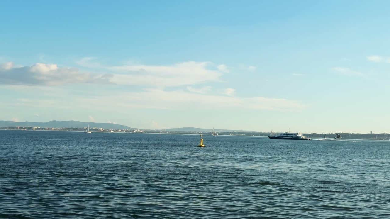 Seascape with boats and birds