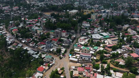 aerial view of residencetial houses and streets in gondar city, ethiopia.