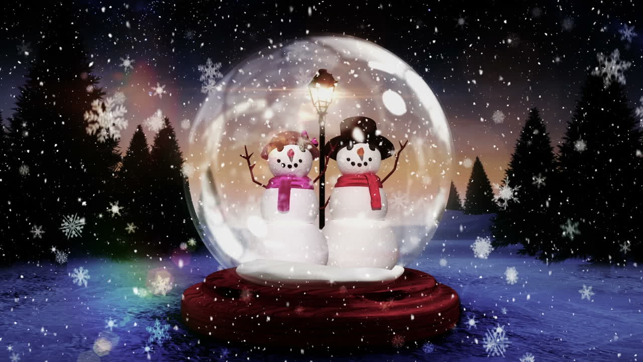 linda animación navideña de una pareja de muñecos de nieve en un globo de nieve en un bosque mágico 4k