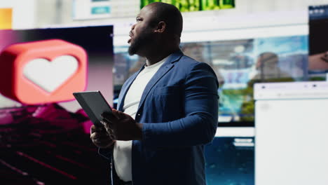 african american user emphasizing visual concept of online communication