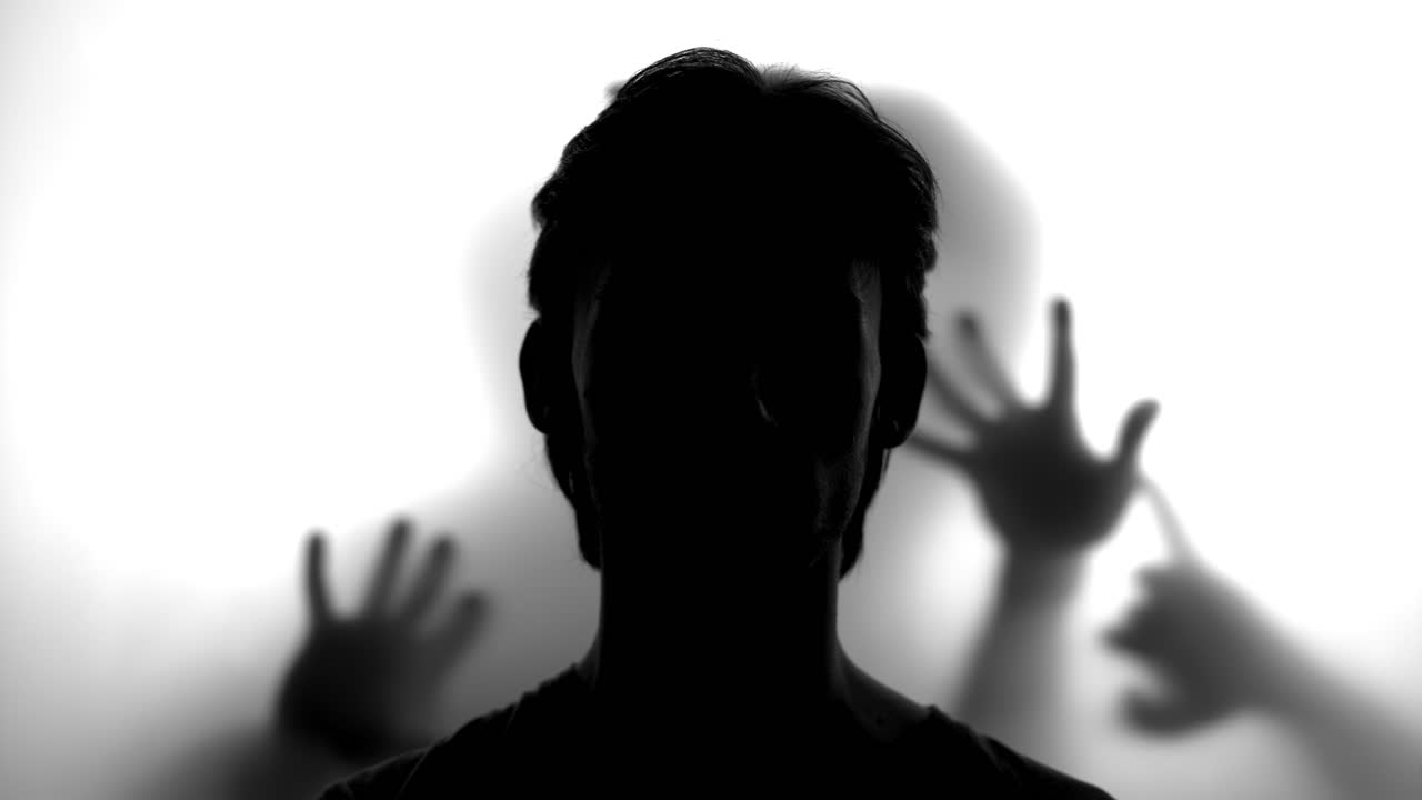 Silhouette Head With Hands Pressing Behind Translucent Screen, Dramatic Backlight, Monochrome Contrast, . Media