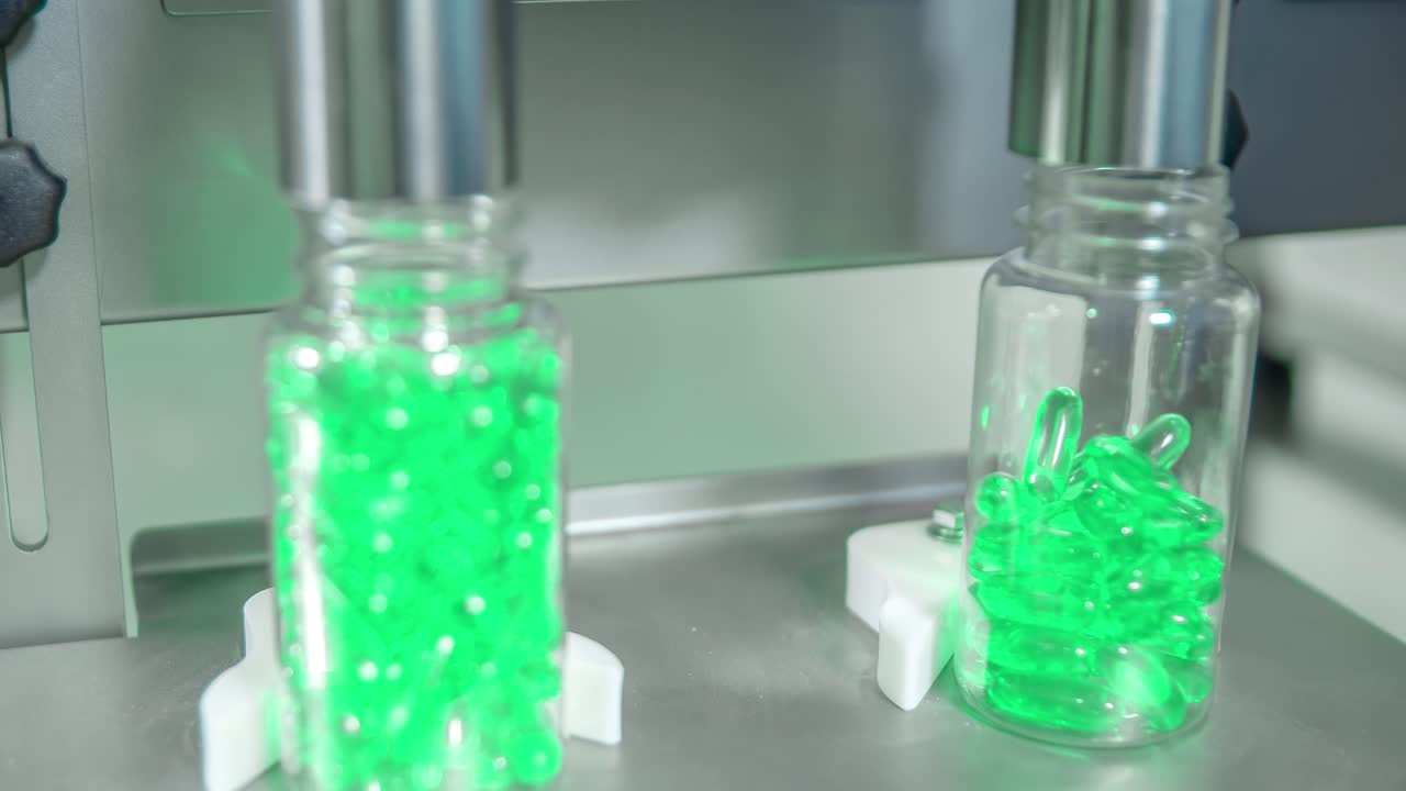 Green coronavirus cure pills falling into a jar. Covid19 pandemic emergency