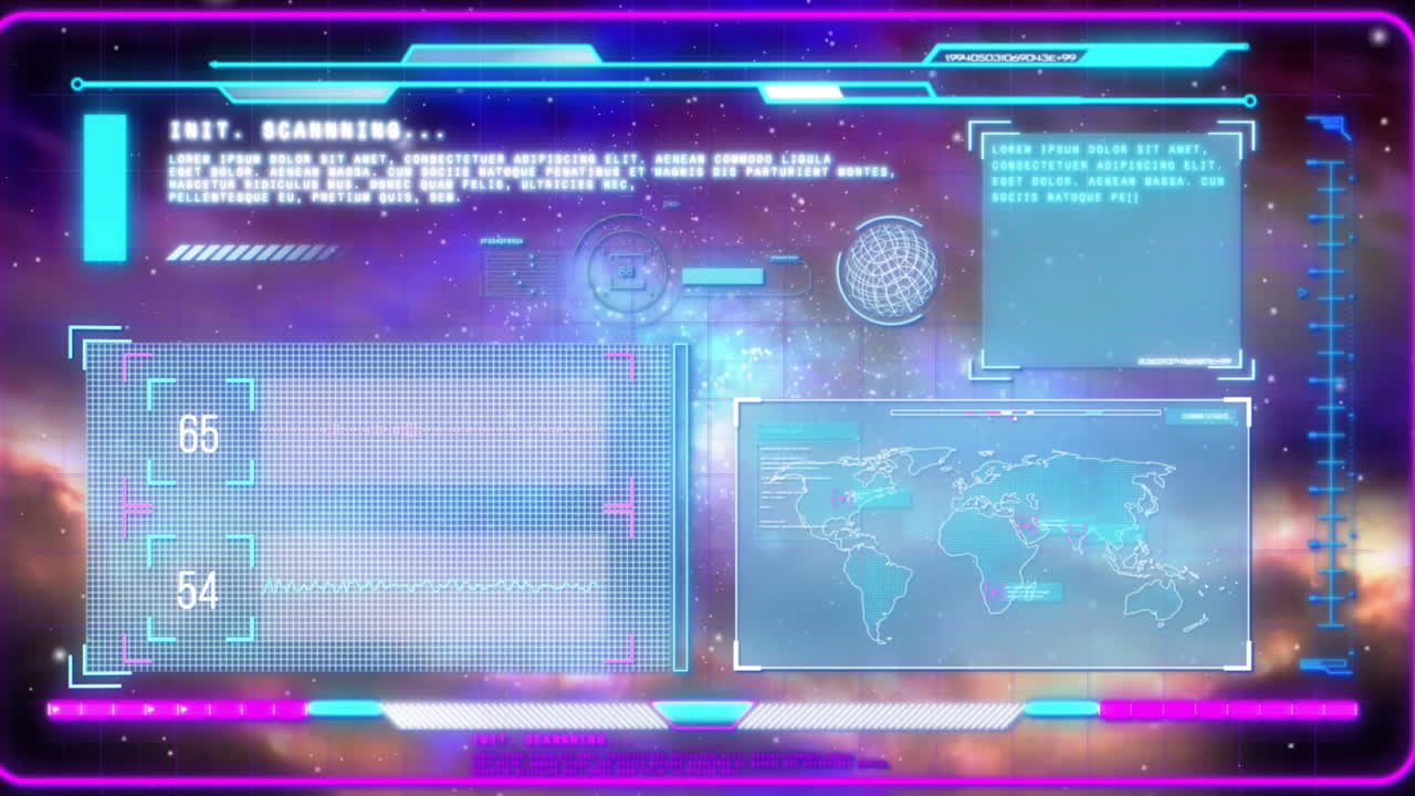 animación de pantallas con procesamiento de datos en fondo oscuro