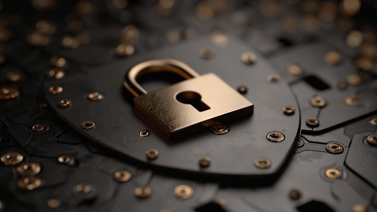 Esplorare i dettagli intricati di un lucchetto dorato su uno sfondo a scudo, a simboleggiare sicurezza, protezione e sicurezza digitale nella tecnologia moderna