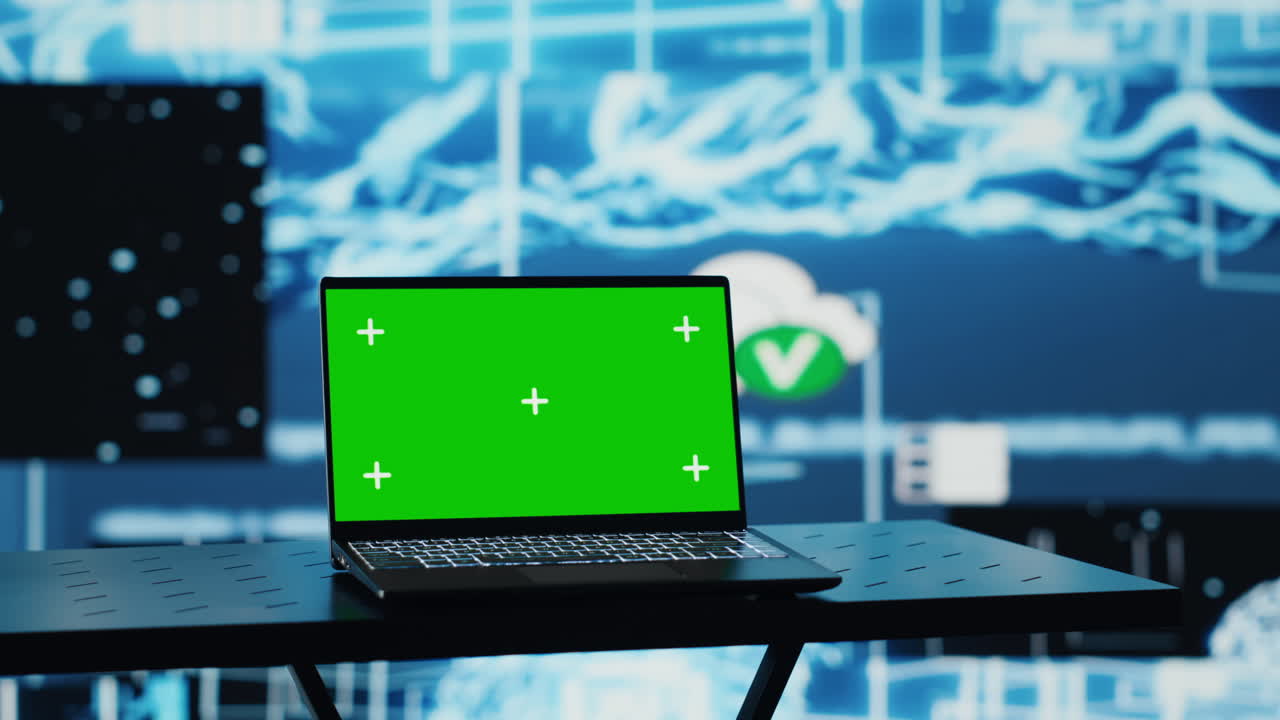 PC running green screen on a display surrounded by high tech data AI brain