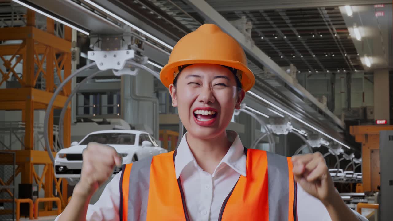 안전 헬을 착용한 아시아 여성 엔지니어가 골을 외치며 ev 자동차 공장에서 춤을 추며 축하합니다.