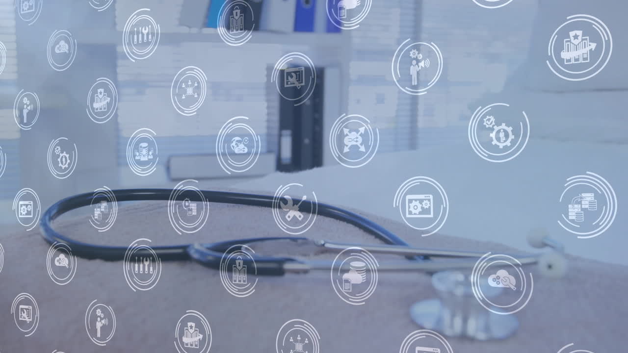 Animation of business icons over stethoscope in hospital office
