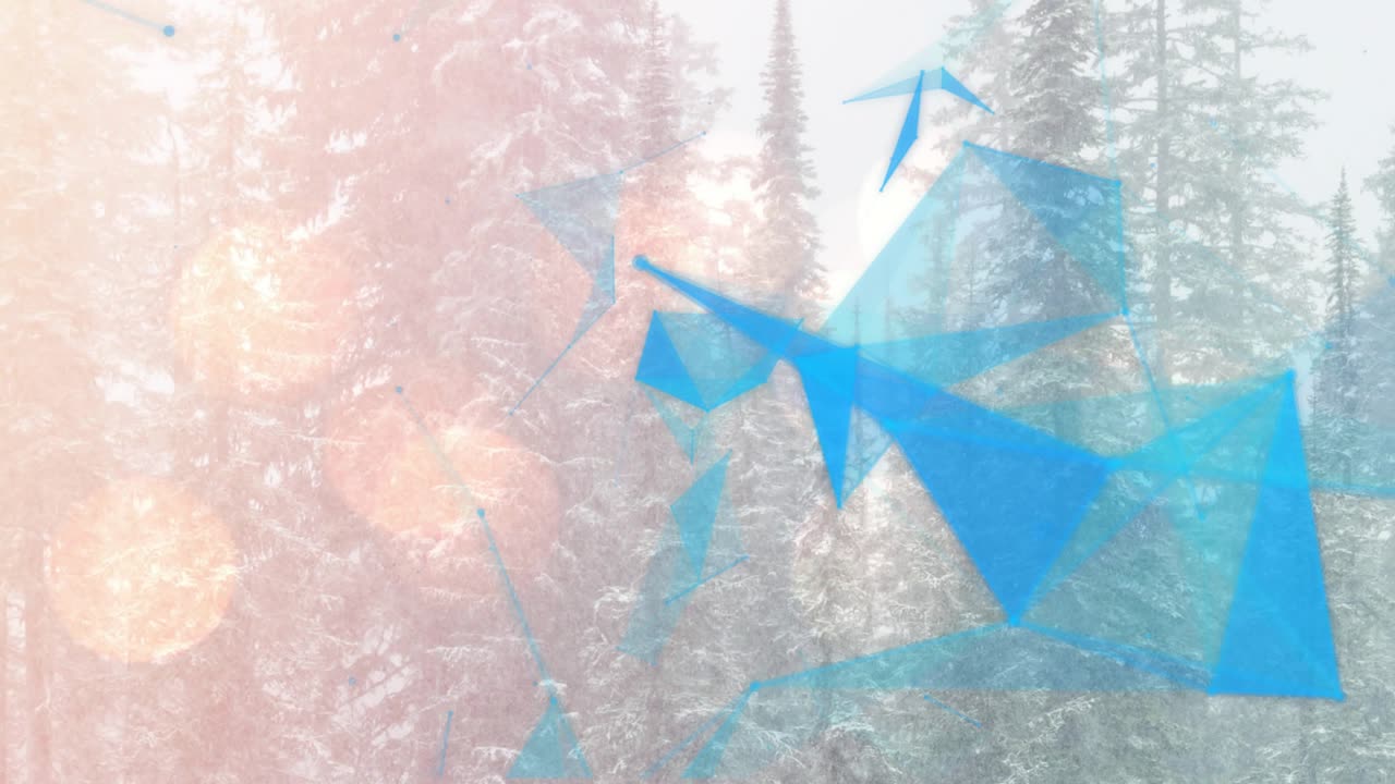 Cluster of blue triangles materializing, linking, drifting, dissolving and revealing winter forest