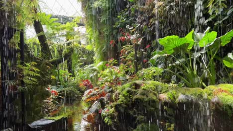 Gönnen-Sie-Sich-Den-Faszinierenden-Anblick-Von-Wasserkaskaden,-Die-An-Sanften-Regen-Erinnern,-In-Einer-üppigen-Innenlandschaft,-Die-Die-Ruhe-Eines-Waldes-Nachahmt