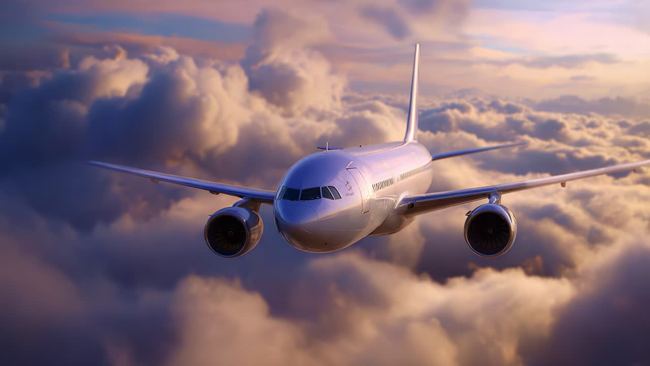 Viaggio aereo: viste accattivanti di un maestoso aeroplano che vola tra nuvole gonfie al crepuscolo, mostrando la bellezza dell'aviazione moderna in volo