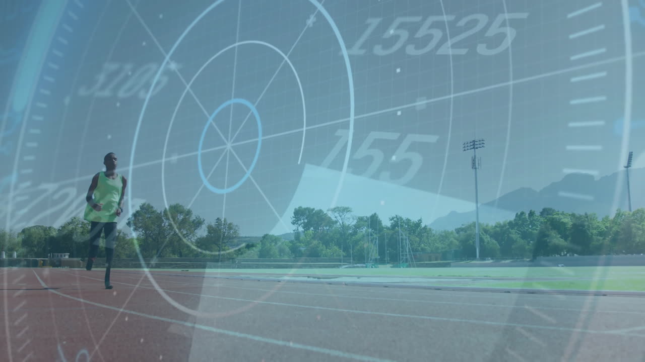 속도 및 성능 데이터 애니메이션이 여있는 트랙에서 달리는 운동 선수