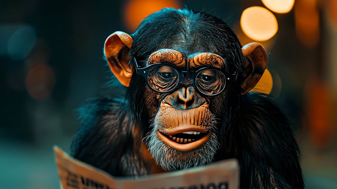 Antropomorf chimpans med sorte briller, der læser en avis. Nærbillede portræt af en chimpans med briller, der holder en avis mod en sløret bybaggrund