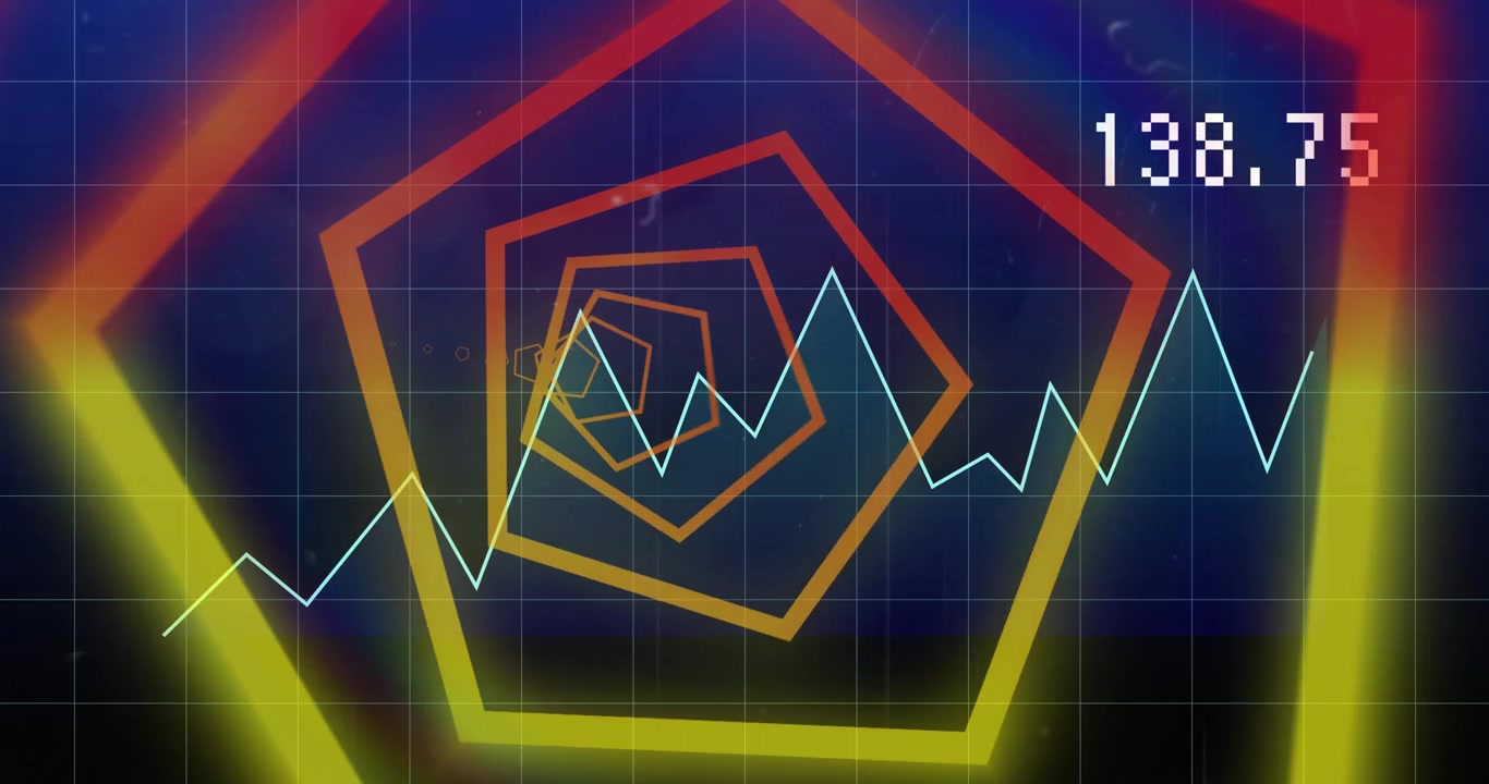 Grafico finanziario animato con tunnel al neon che illustra concetti di matematica e finanza.