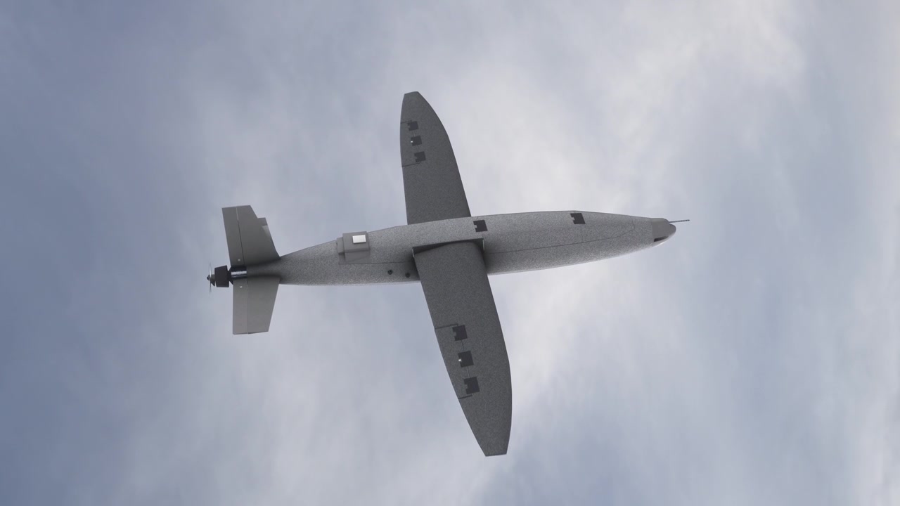 Visão geral de um Drone Militar Hornet Kamikaze de Asa Fixa Assistido por IA Voando Alto Acima das Nuvens em Direção ao Alvo. VANT Veículo Aéreo Não Tripulado. Guerra de Tecnologia Moderna no Ar. Renderização 3D