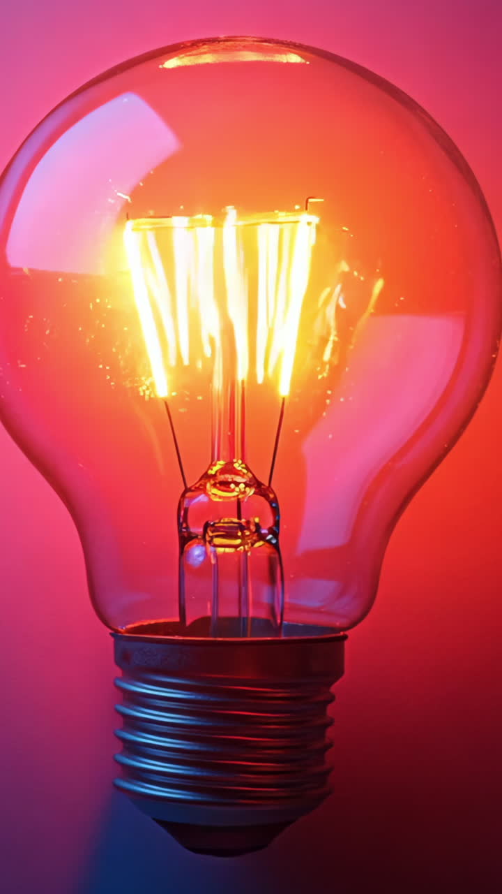 A light bulb is lit up and is sitting on a red background. The light bulb is glowing brightly and is the main focus of the image