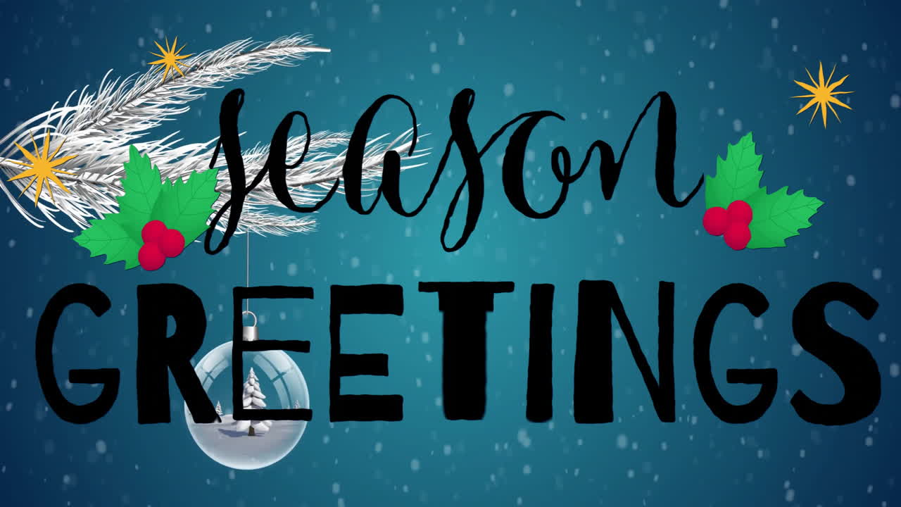Animation of season greetings text over christmas tree and snow falling