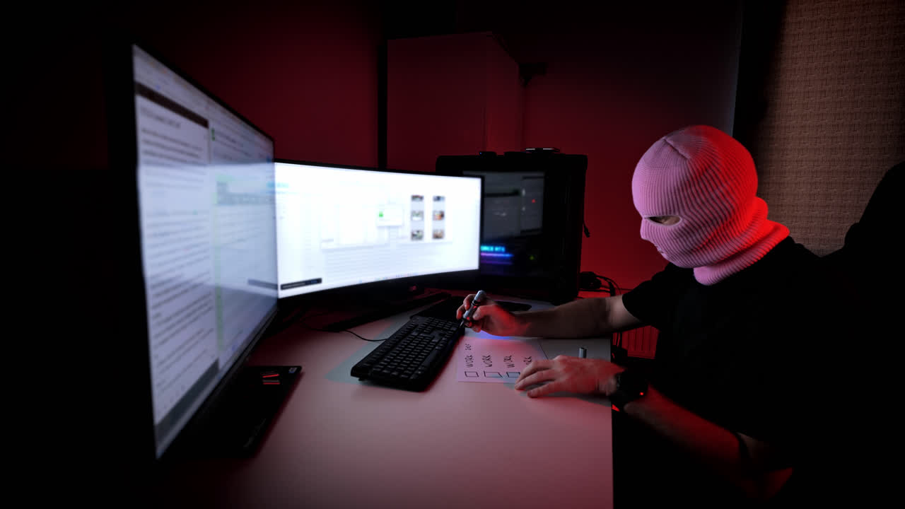 Pink-masked man quietly writes notes by glowing monitors, night plans take shape