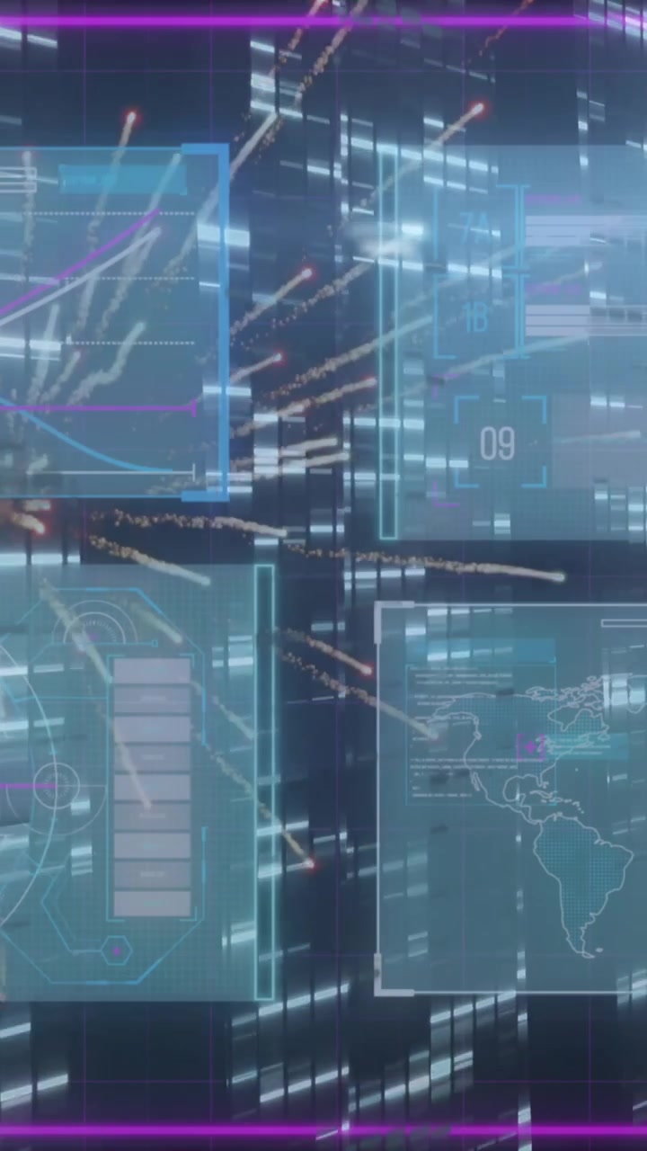 Animation of data processing and moving columns over fireworks