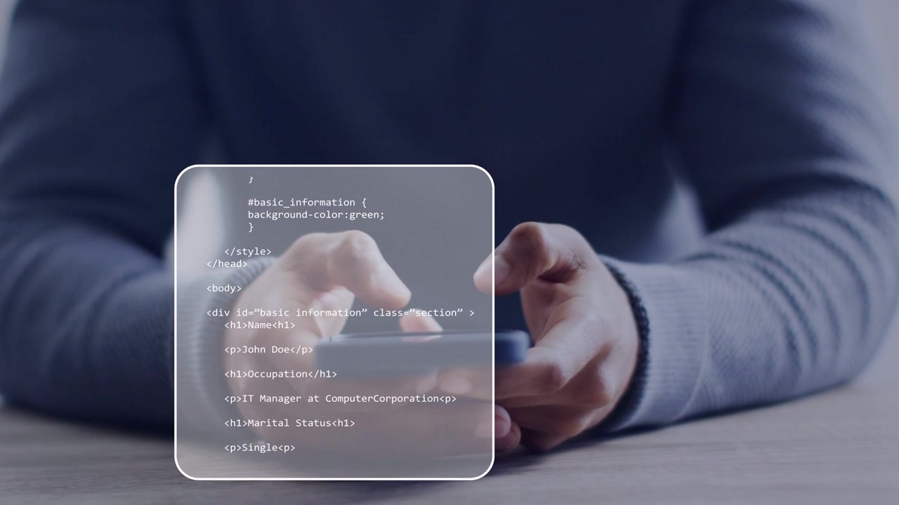 Man tapping smartphone at table, generating web code overlays shifting and highlighting name fields