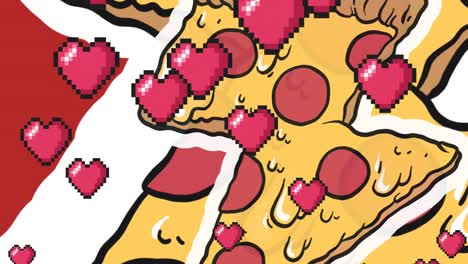 múltiples corazones rojos flotando contra múltiples iconos de rebanadas de pizza en un patrón sin costuras