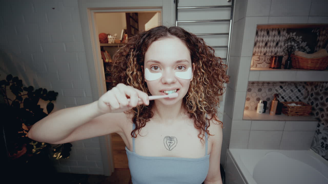 Girl with Under-Eye Patches Brushing Her Teeth in Bathroom at Home
