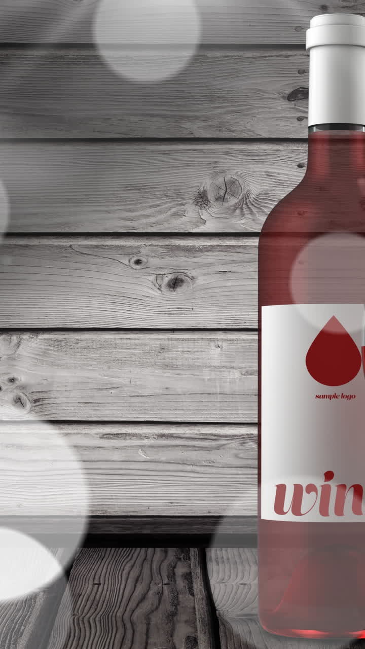 나무 배경 위에 장미 와인의 병과 잔 위의 불빛의 애니메이션