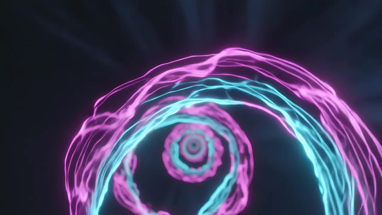 Anelli concentrici al neon che ruotano con avanzamento fotogramma, muovendosi verso l'interno nel vuoto, creando un'illusione di tunnel.