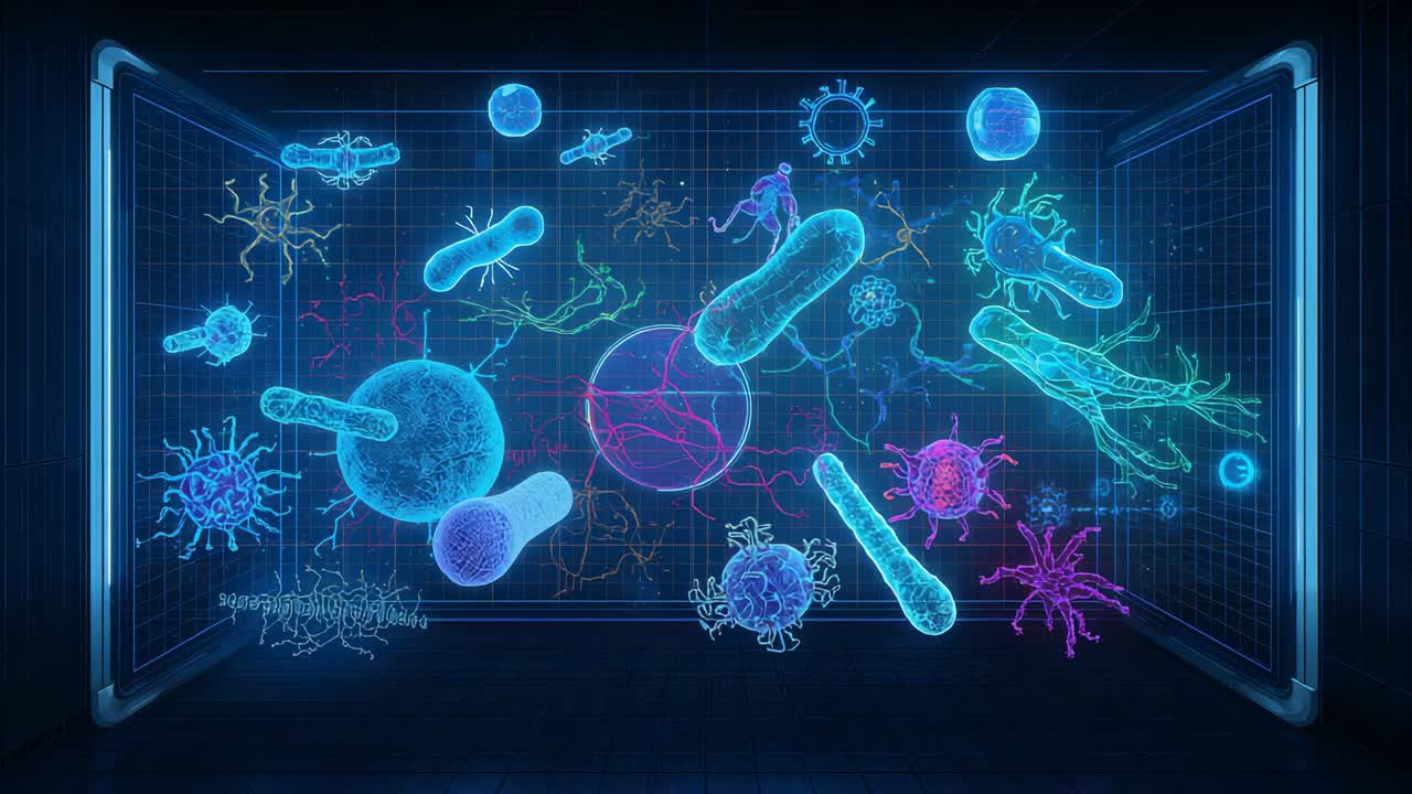 暗い研究室のグリッド表示で脈打つように光るホログラム微生物が漂い、回転するシステム