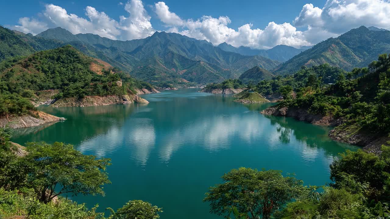 Stunning Serene Lake Surrounded by Majestic Mountains Under a Bright Blue Sky with Fluffy White Clouds Reflecting on the Tranquil Water Surface