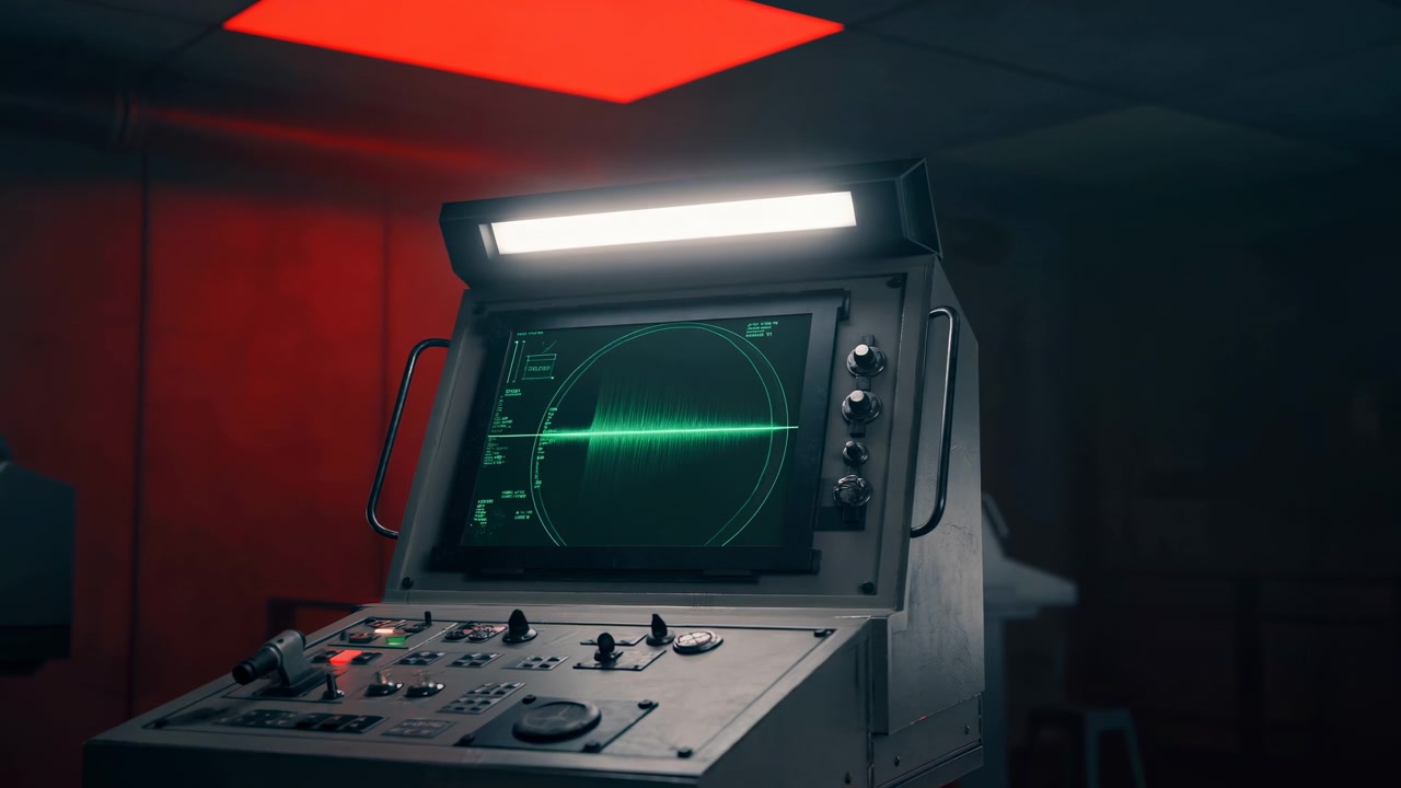 Una console di monitoraggio in stile vintage con uno schermo radar luminoso risplende in primo piano a sinistra, circondata da pulsanti, manopole e pannelli tecnici all'interno di un ambiente scuro.