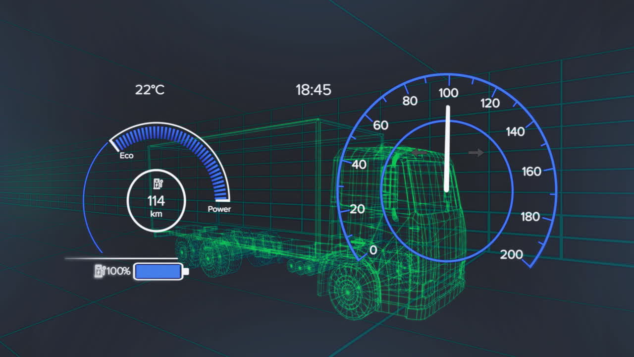 Wireframe trailer truck moving through virtual grid, displaying eco?power gauge and speedometer