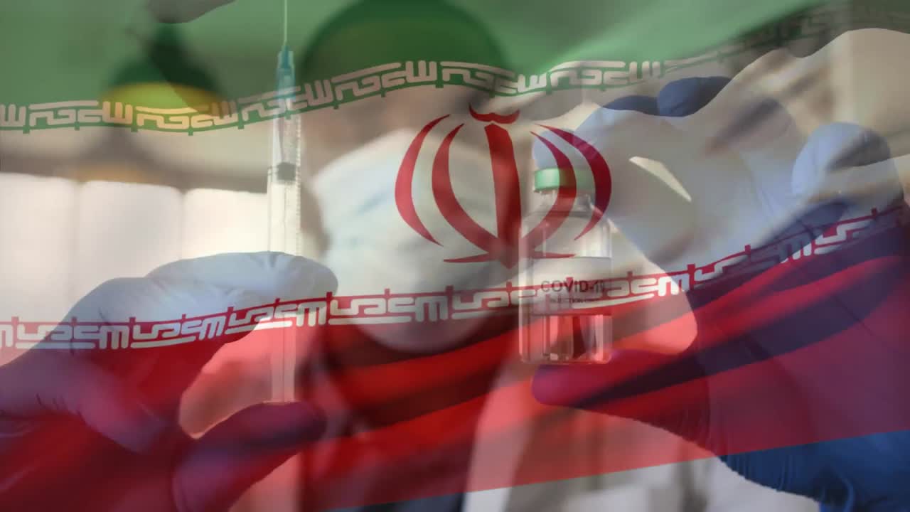 얼굴 마스크를 쓰고 백신을 들고 있는 의사가 이란의 국기를 흔들고 있는 애니메이션