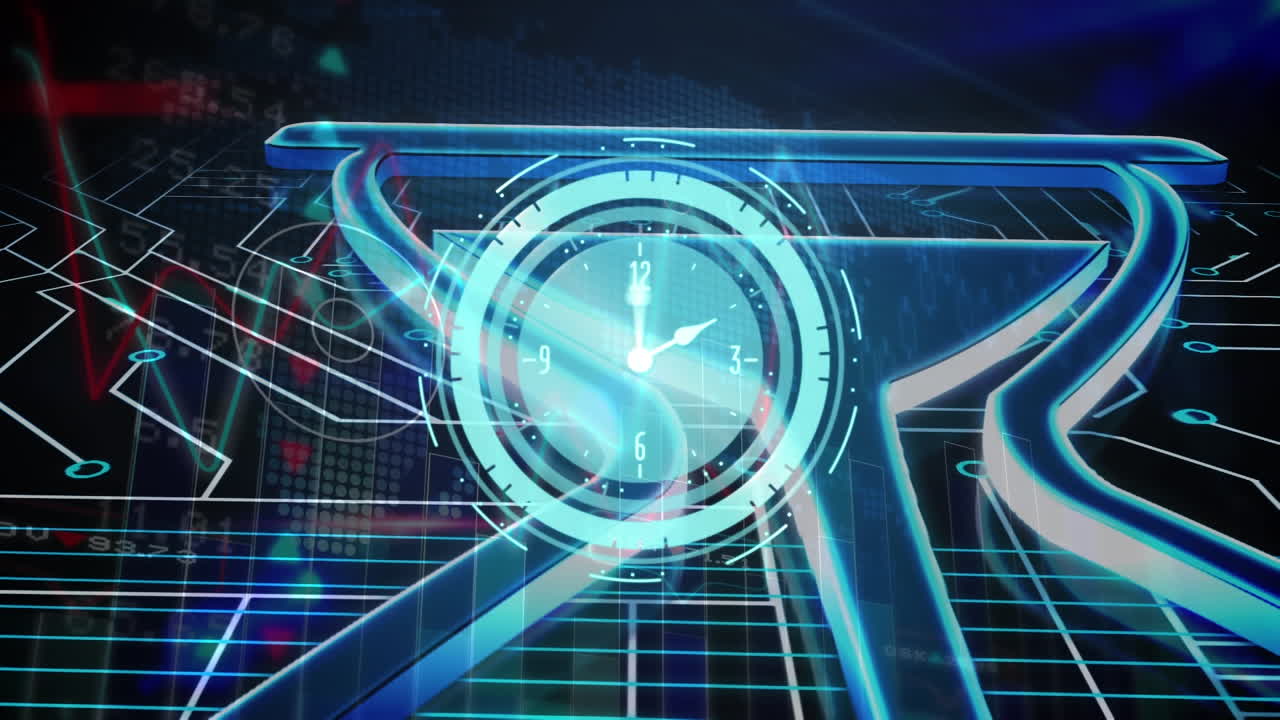 검은 바탕에 컴퓨터 회로와 모래시계 아이콘 위에 손을 돌리는 시계의 애니메이션