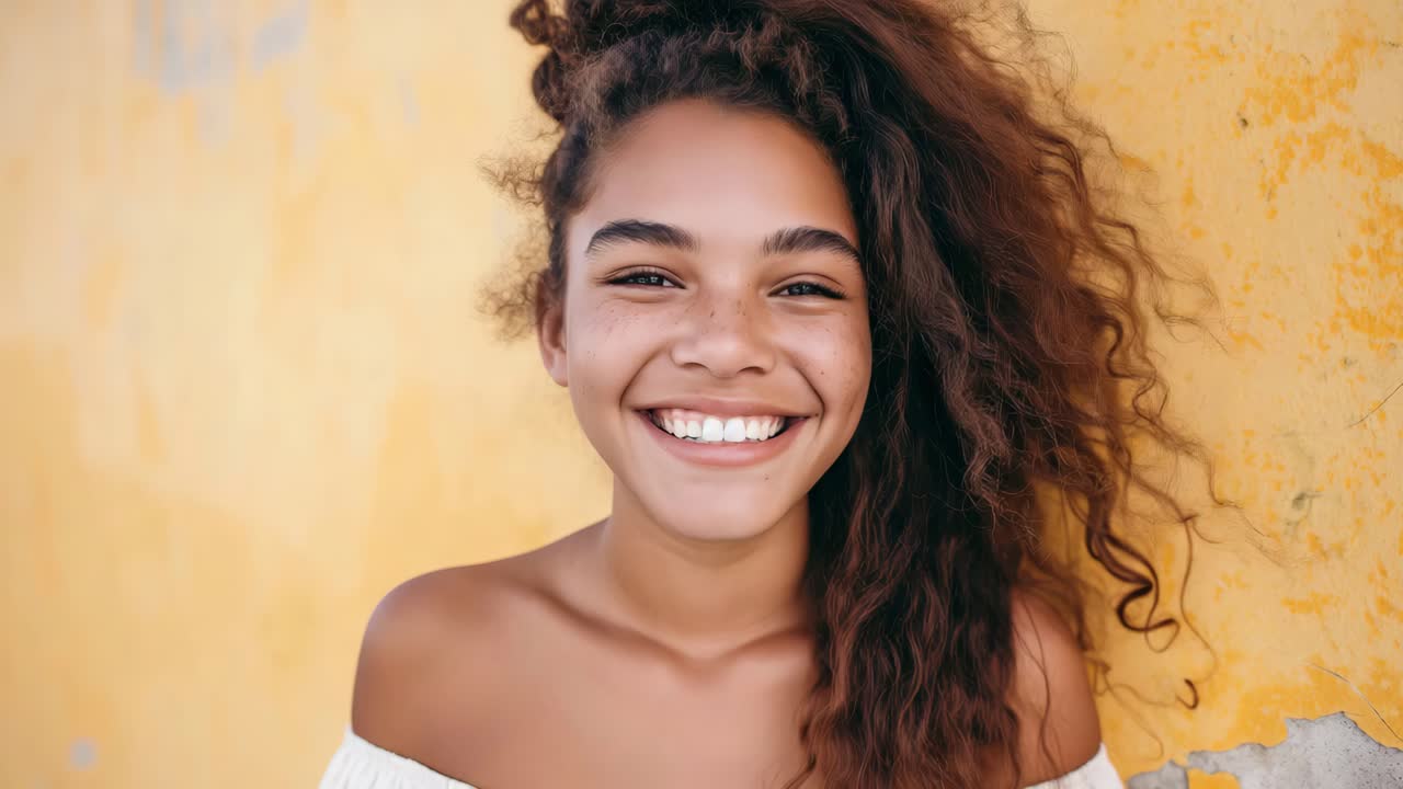 retrato de una mujer sonriente con el cabello rizado