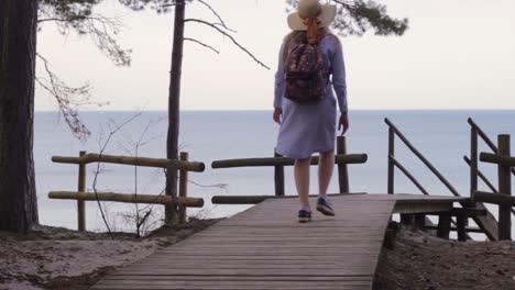 beautiful woman walking toward baltic sea coastline on wooden pathway