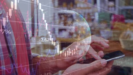 a stock market display with a globe, white stock market tickers and graphs