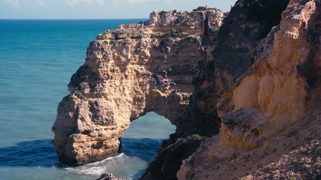 Forming Sea Arches Of Ponta da Piedade On The Algarve Coastline Near Lagos, Portugal. Static Shot