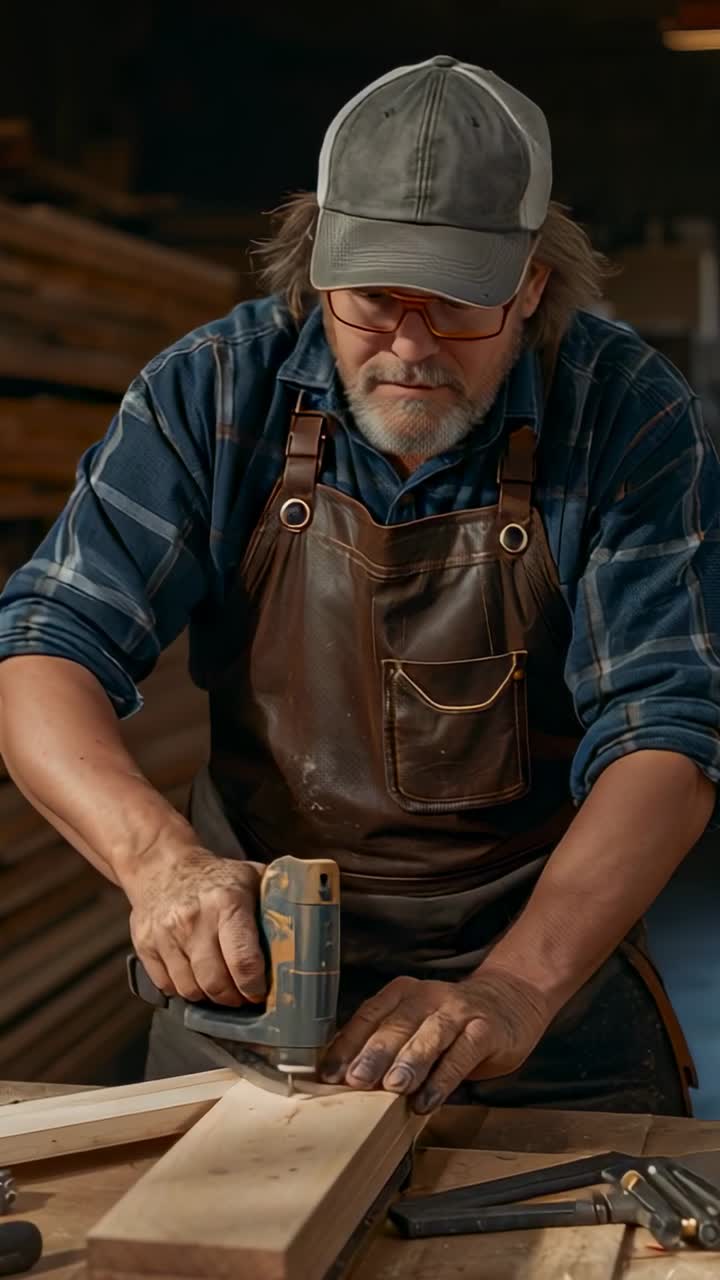 Vertical video: Sanding on tool start man in apron moving sander along bench in shop prepping joint