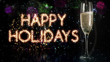 animation of happy holidays text over glass of champagne and fireworks