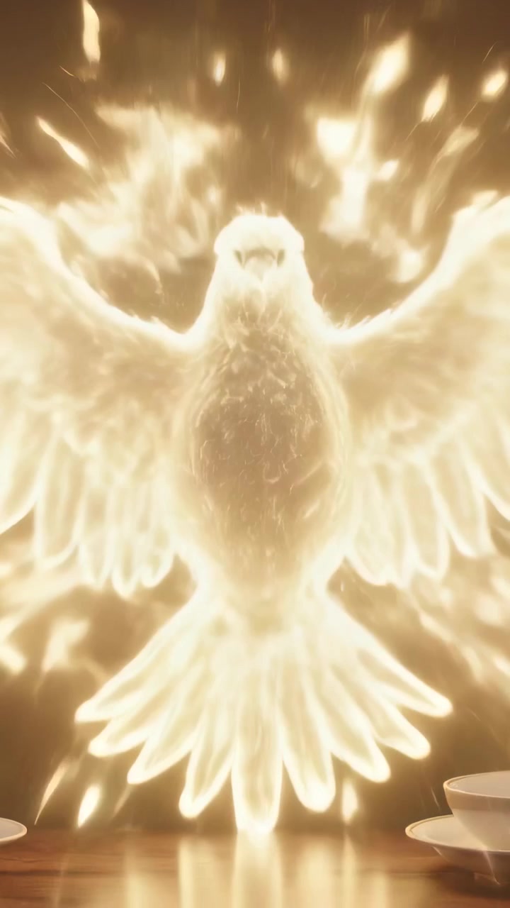 Vertical video: Orange flame ring calling bird morphing orb into phoenix over wood table, saucers