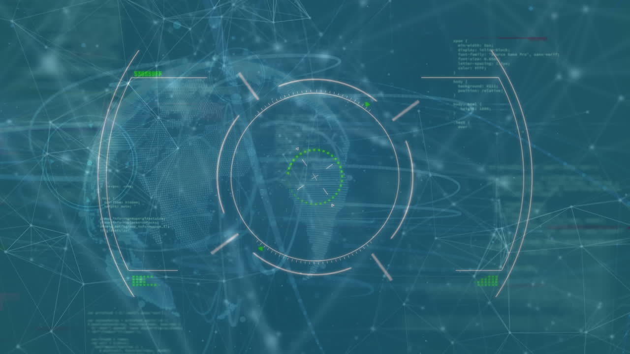 animación del procesamiento de datos y globo sobre fondo azul