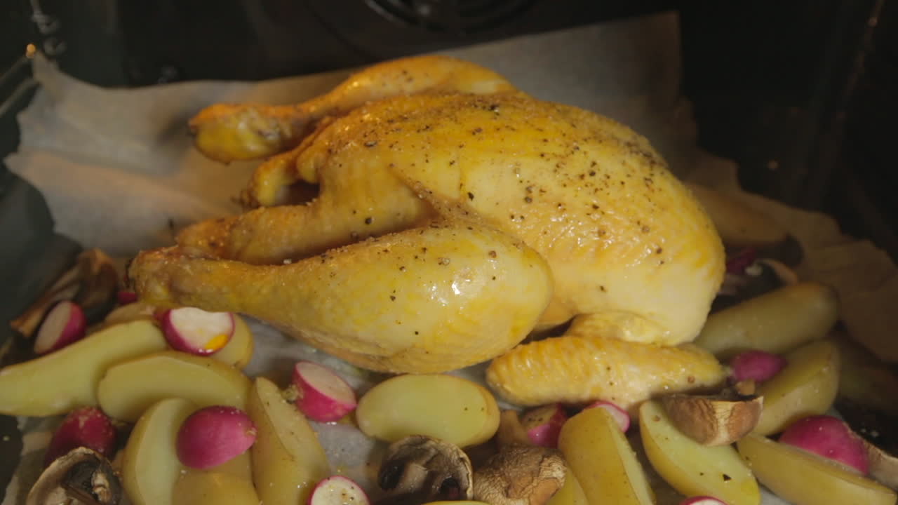 lapso de tiempo asando pollo en el horno con verduras, deliciosa cena de pollo asado