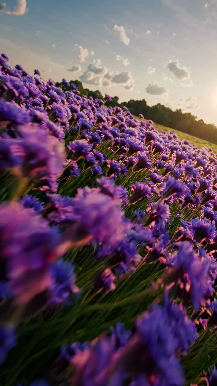 A mesmerizing video still of a purple flower field at sunset, captured from a low angle