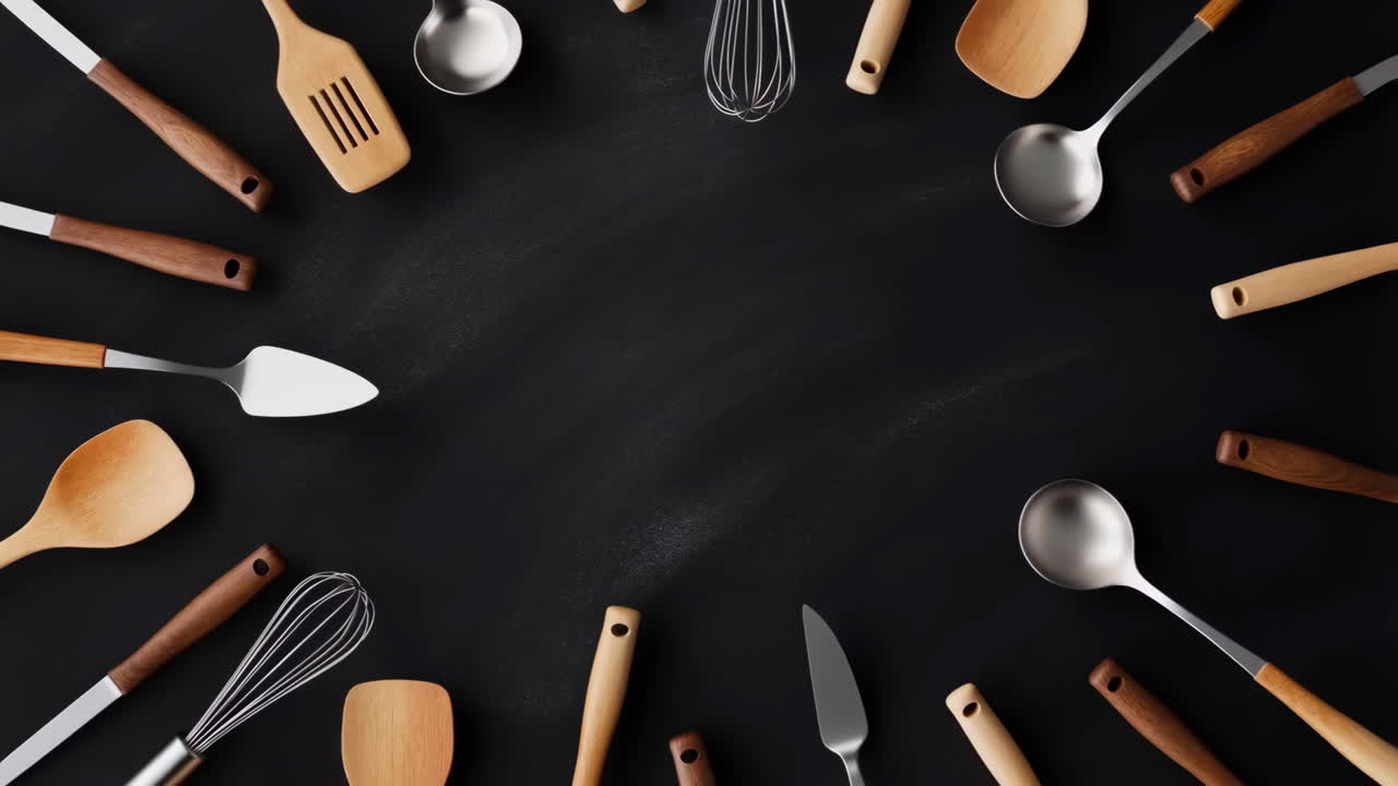 Kitchen Utensils Flat Lay on Black Background