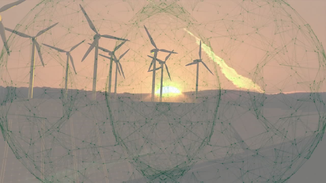 Wind turbines spinning along ridge, solar panels tracking sun, network overlay pulsing across scene