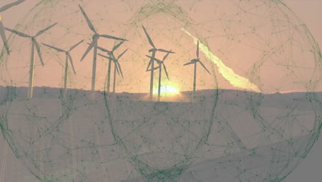 wind turbines spinning along ridge, solar panels tracking sun, network overlay pulsing across scene