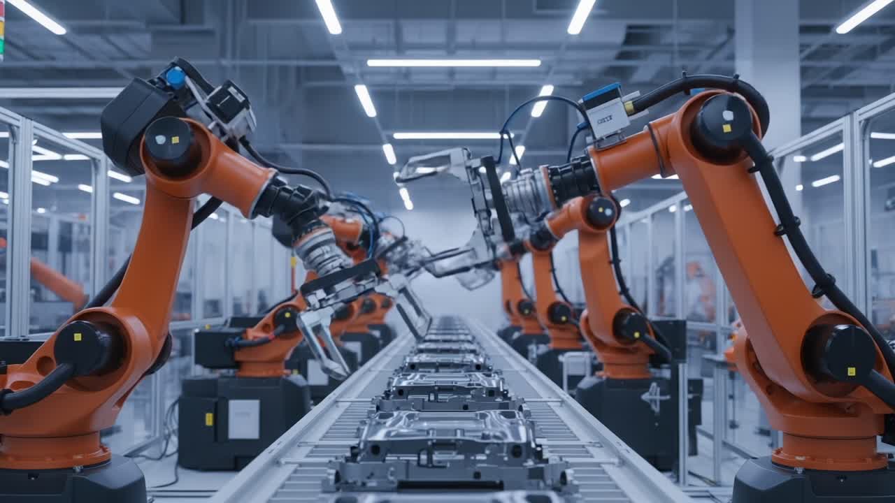 A High-Tech Factory Floor Showcasing Advanced Robotic Arms Working in Unison on an Assembly Line, Demonstrating Precision and Innovation in Automation Technology