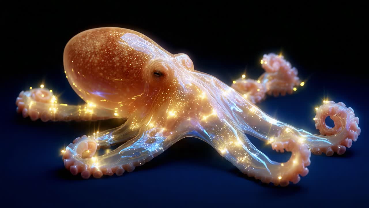A mesmerizing octopus adorned with shimmering lights on its vibrant body, showcasing its intricate tentacles and captivating features in a visually stunning underwater scene